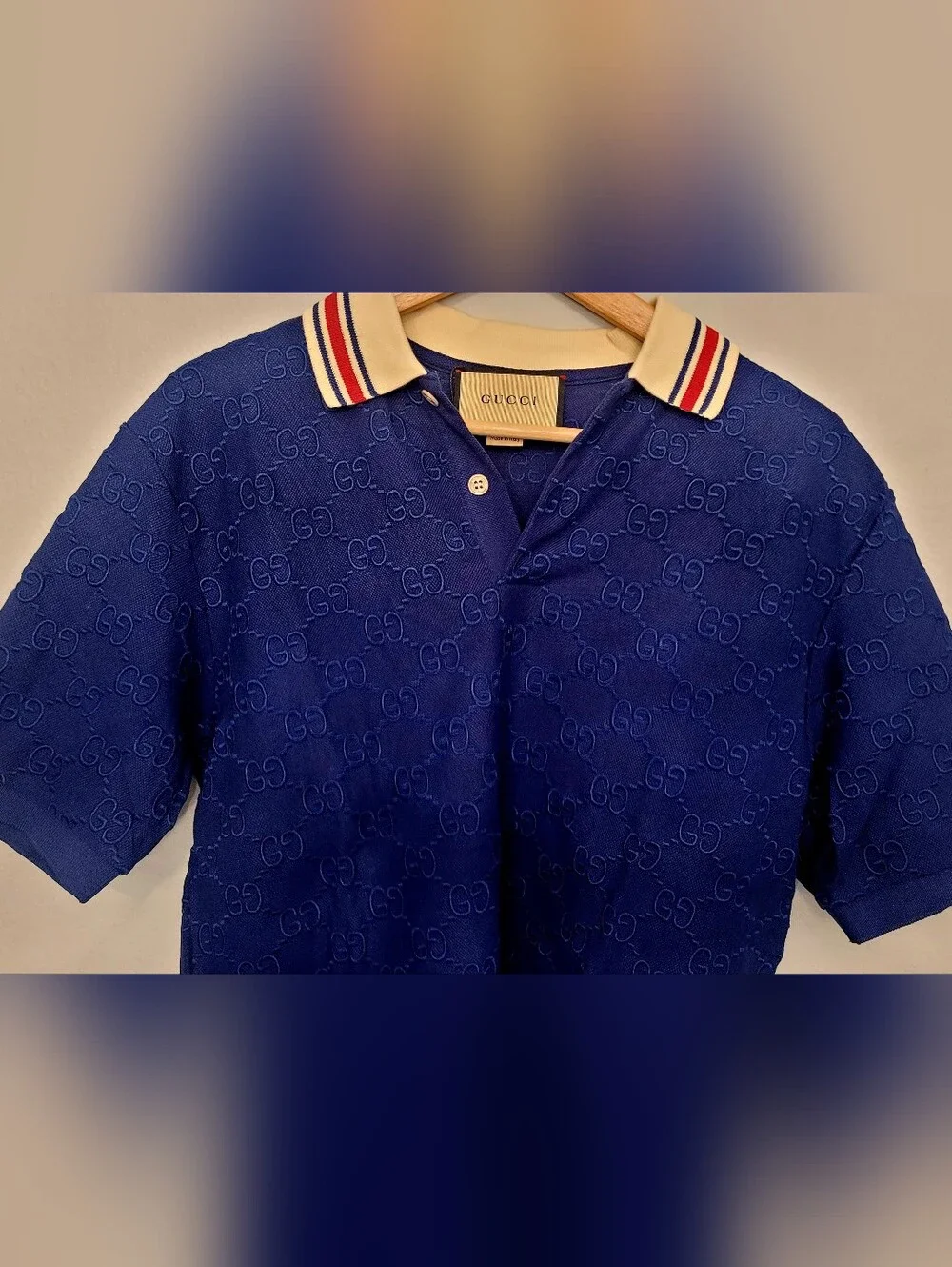🇮🇹 GUCCI Embroidered 👕Navy Blue GG Jacquard Polo🇮🇹 with Cream Stripe Collar